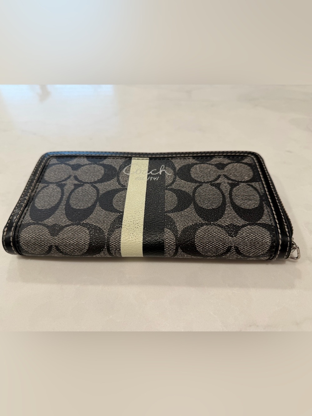 Coach Black Signature Continental Wallet with Cream Center Stripe